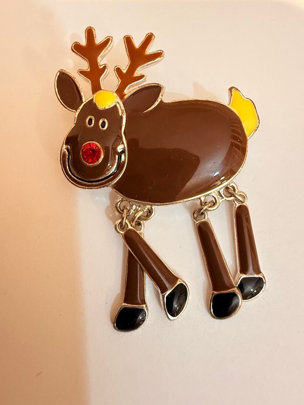 Vintage Rudolph Reindeer Brooch Red Nose Swinging Legs